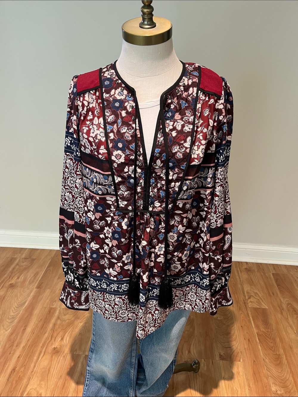 Kate Spade Raeda Bohemian Floral Peasant Blouse - Burgundy black cream size L